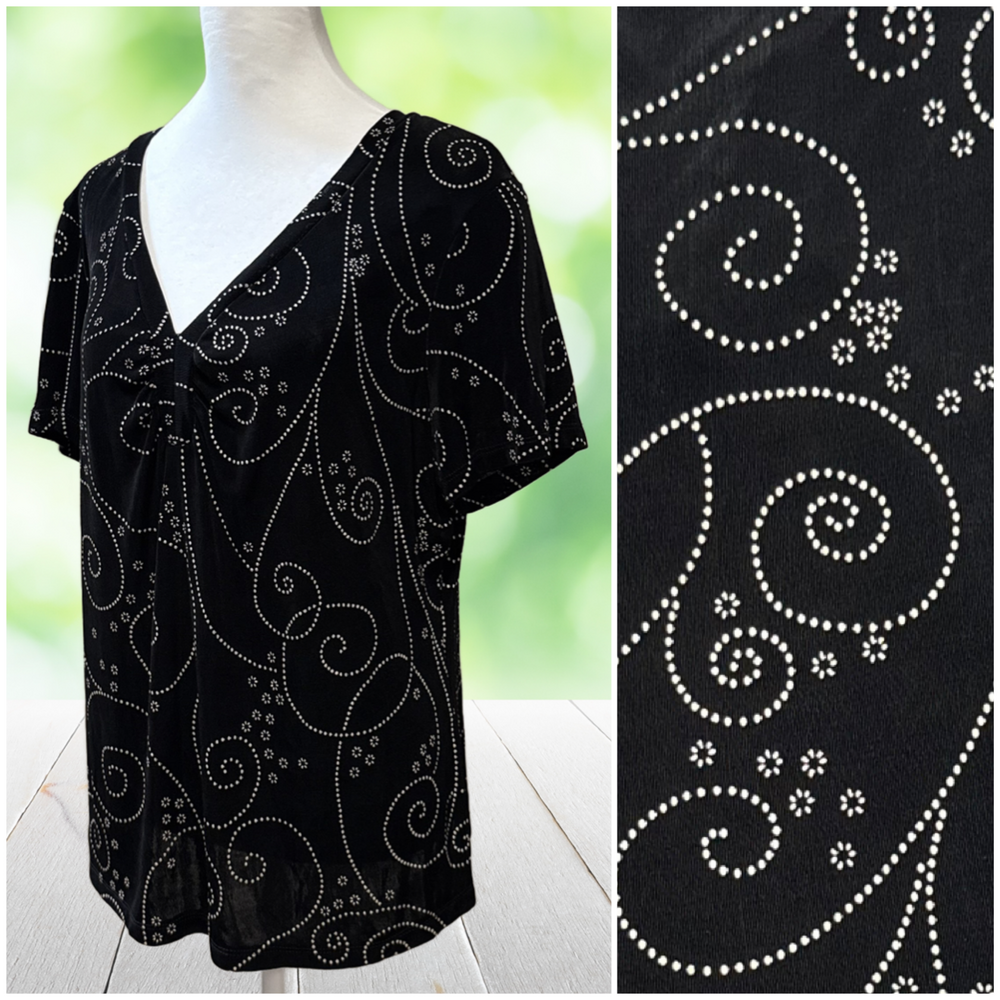 Vintage CHOICES Travel Knit Slinky Acetate Top Swirl Print Black Made USA Size L